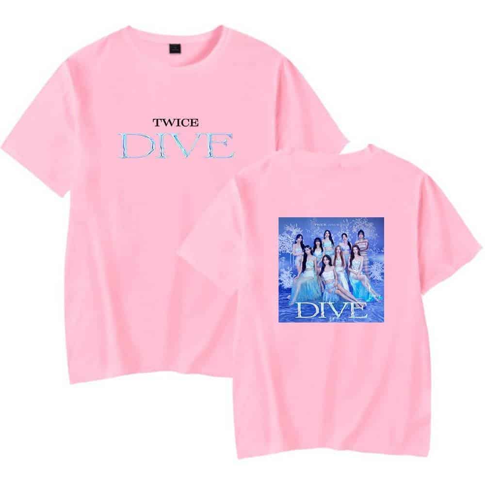 Twice kpop merchandise, pink TWICE DIVE graphic T-shirts, vibrant and trendy K-pop fan apparel. Perfect for enthusiasts wanting stylish visuals of the popular girl group TWICE, capturing their DIVE album concept.