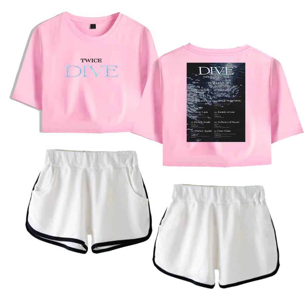 Twice kpop merch, pink and white "DIVE" themed crop top and shorts set with graphic print and text details, ideal for fans of TWICE and K-pop fashion styles.