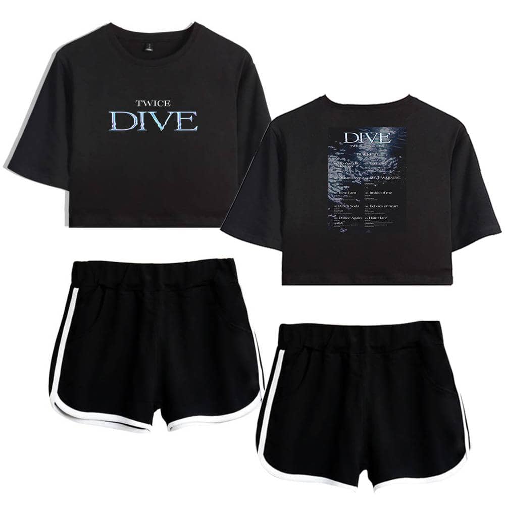 Doubles kpop merch shirt and shorts set for fans of TWICE DIVE, featuring black color with stylish design and comfortable fit, perfect for concerts, casual wear, or collectibles.