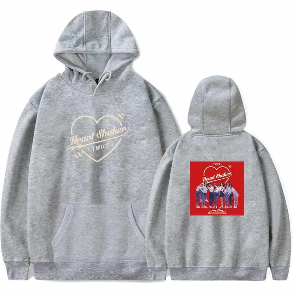 Twice kpop merch hoodie with TWICE Heart Shaker design, featuring a front logo and group poster on the back, perfect for fans of K-pop and TWICE collection.