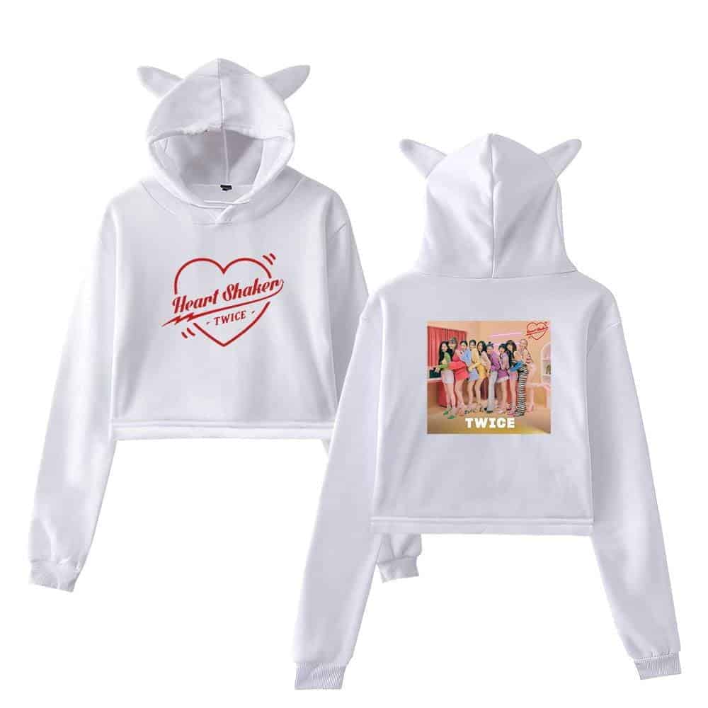Heart Shaker TWICE hoodie with cat ears, featuring a cute design inspired by the popular K-pop girl group TWICE, perfect for fans of K-pop merchandise.
