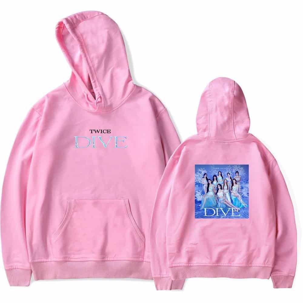 Twice kpop merch pink hoodie with TWICE DIVE print and group photo design on the back, perfect for fans and collectors of TWICE memorabilia.