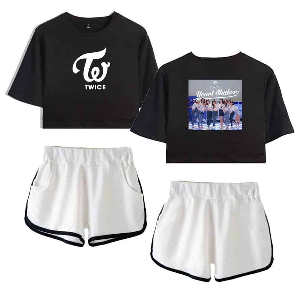 Twice Kpop merch black and white crop tops and shorts featuring Twice logo and group photo. Perfect for fans to showcase their love for the popular girl group. Stylish and comfortable clothing for daily wear or concerts.