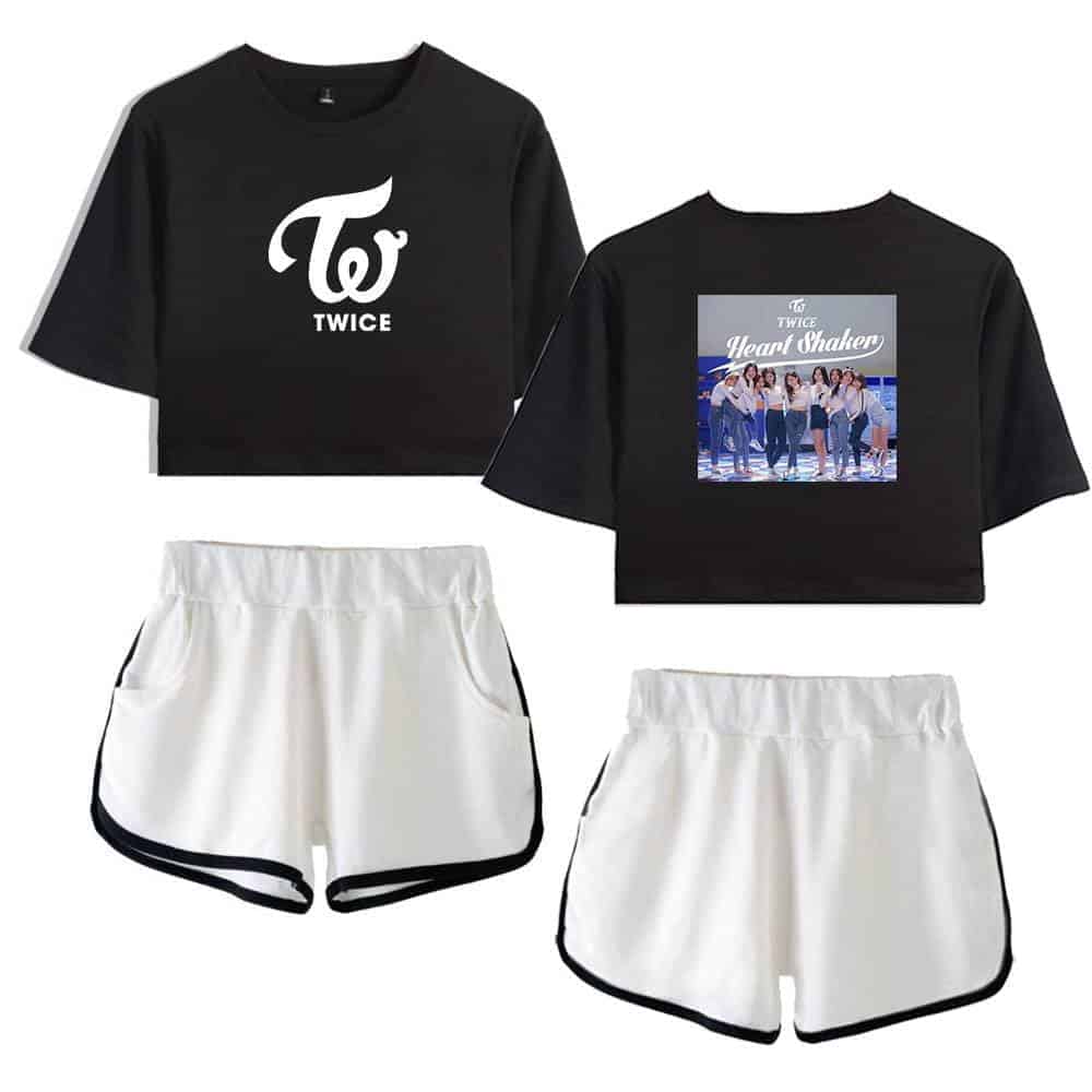 TWICE KPOP merch crop top with TWICE logo and group photo on back, paired with white shorts with black trim. Perfect for fans to showcase their support for TWICE in style.