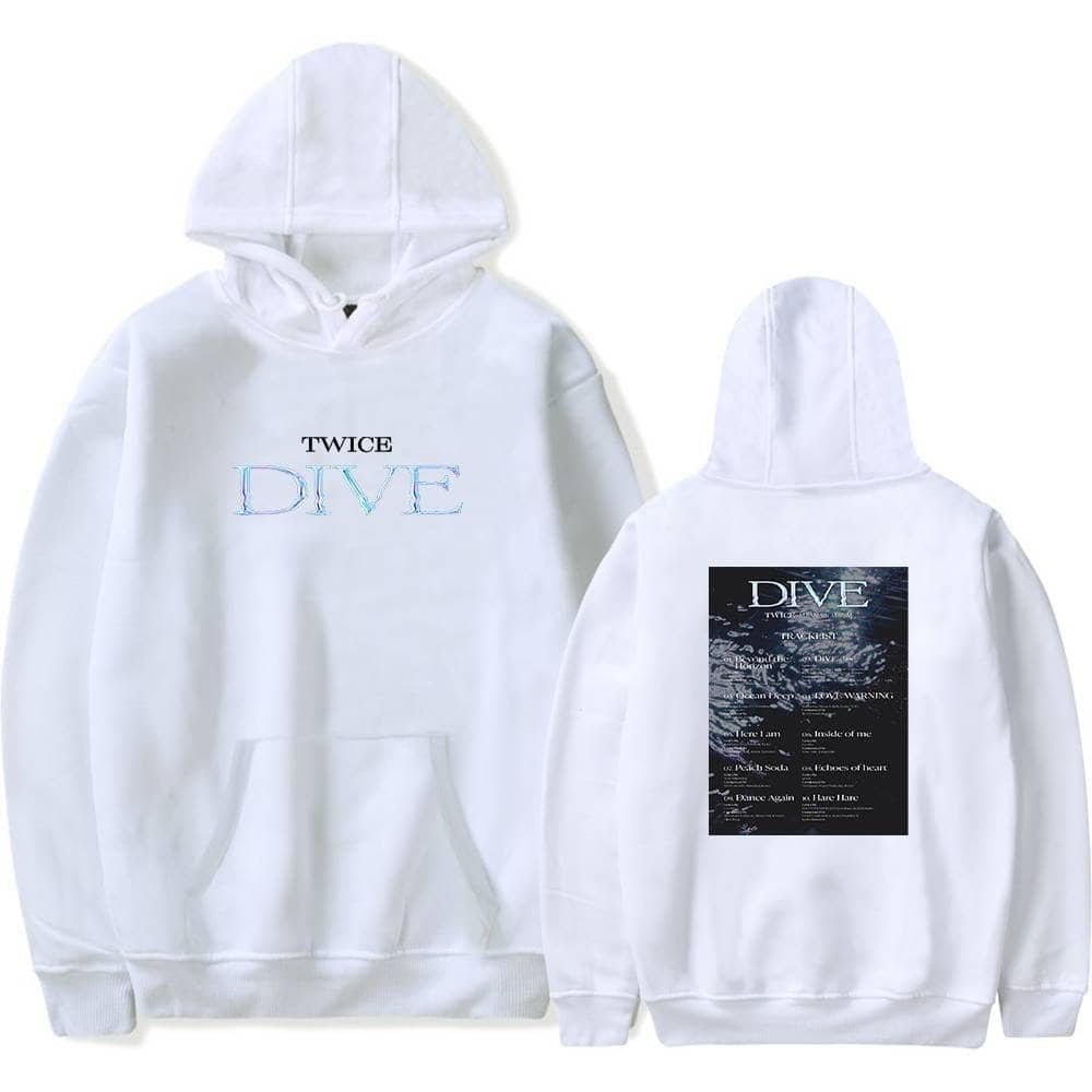 Diverse white TWICE DIVE hoodie with front and back design, perfect for K-pop fans.