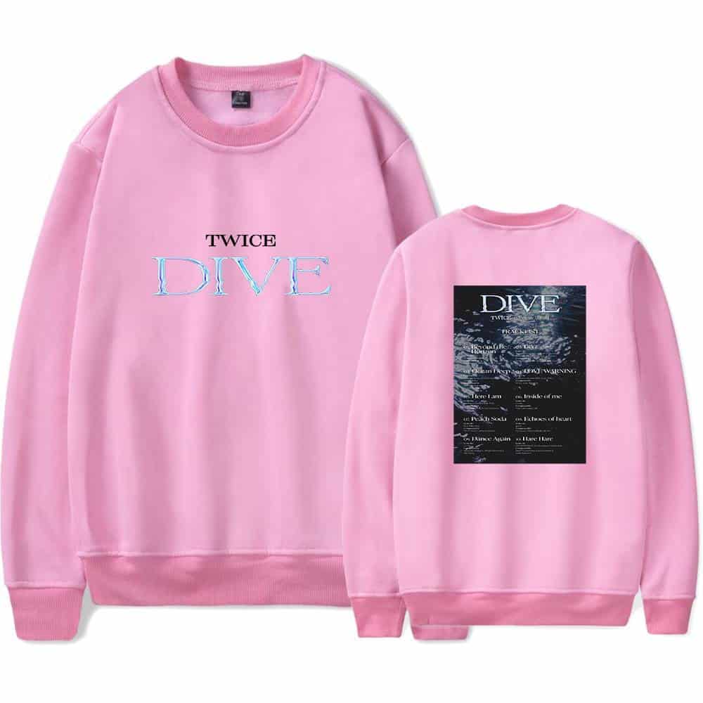 TWICE Kpop merch pink sweatshirt with DIVE print and ocean-themed back graphic, perfect for fans of TWICE and Kpop collectibles.