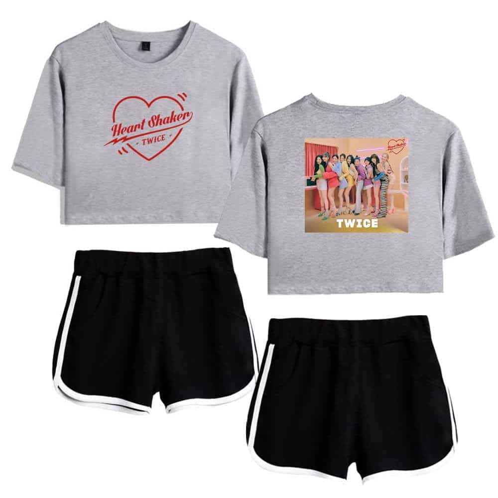 Twice kpop merch, twice kpop merchandise, Twice girl group casual outfits with graphic tops and sporty shorts for fans and fashion enthusiasts.