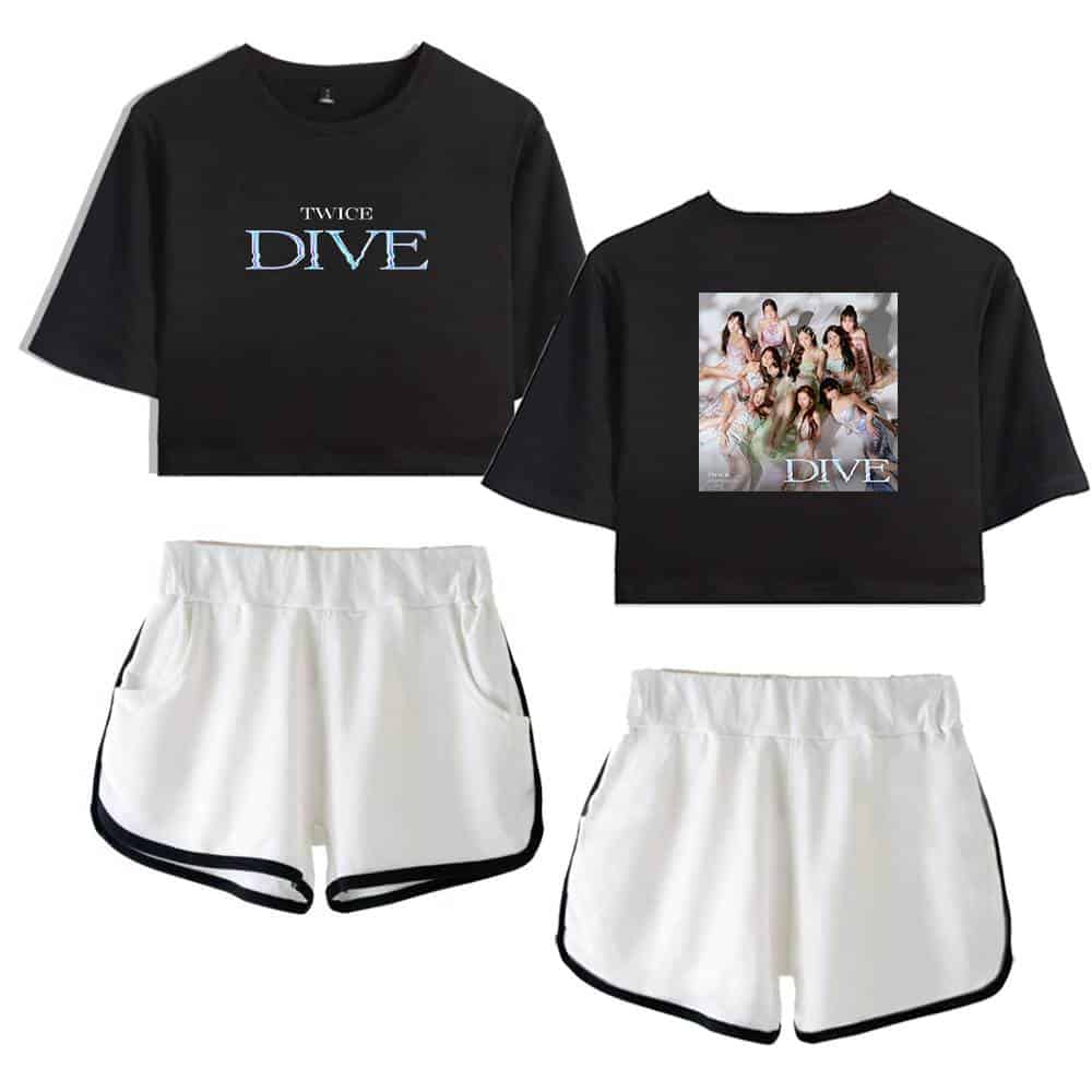TWICE DIVE black cropped t-shirt with group photo back design and white shorts with black trim, perfect for K-pop fans.
