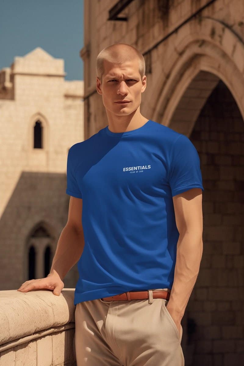 Blue t-shirt with "ESSENTIALS" text and brown trousers, young man posing outdoors near historic stone architecture, stylish casual look, sunny day, urban backdrop.
