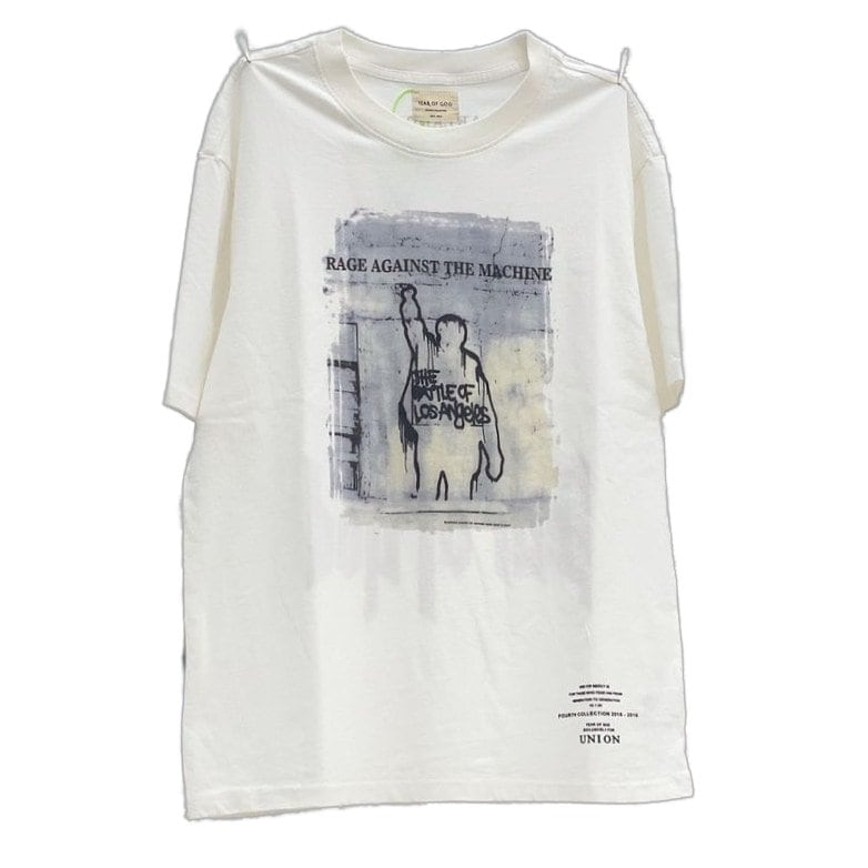 Rage against the machine band graphic t-shirt, oversized fit, white color, band slogan print, streetwear style, popular among K-pop merch collectors.