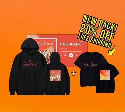 Black K-pop merch set including hoodie, t-shirt, and poster with vibrant orange background and promotional banner offering a 20% discount and free shipping.