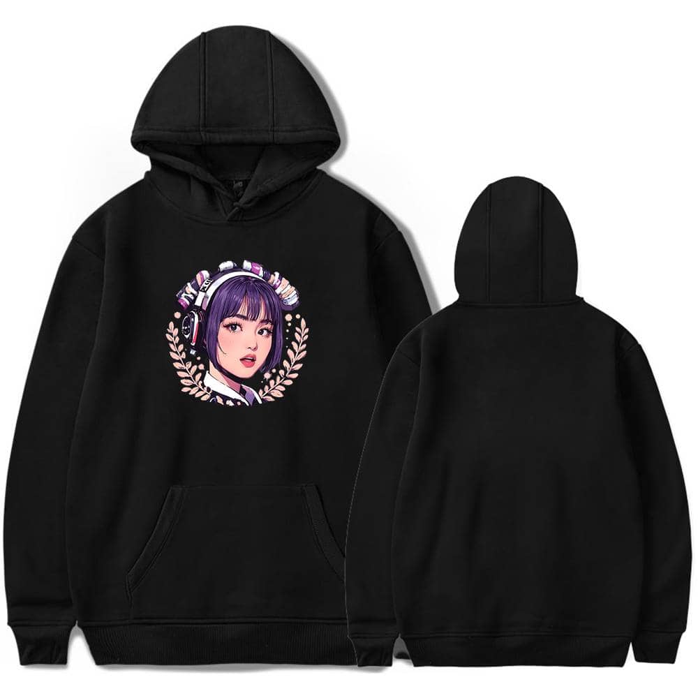 Kpop merch hoodie featuring a colorful graphic of a female character with purple hair and headphones, perfect for fans of K-pop and twin K-pop groups.