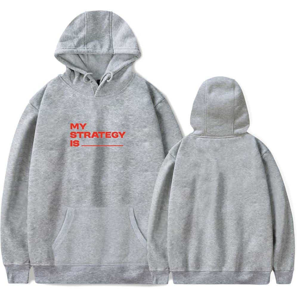 MY STRATEGY IS hoodie with red text, casual K-pop merch, perfect for fans, unisex style, comfortable fit, grey color, trendy streetwear, suitable for concerts and everyday wear.