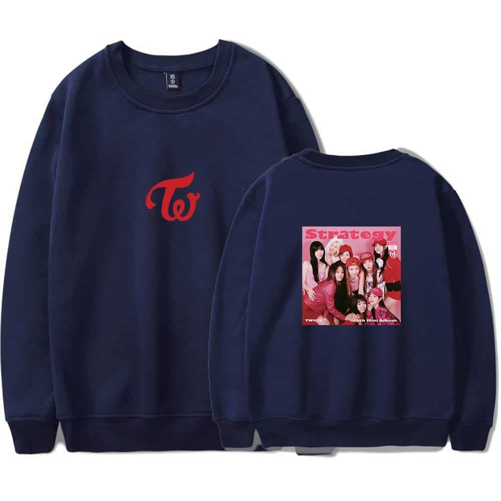 Treasure Island TWICE Strategy K-pop girl group sweatshirt, navy blue, with group photo print on back and TWICE logo on front. Perfect for K-pop fans and merchandise collectors.