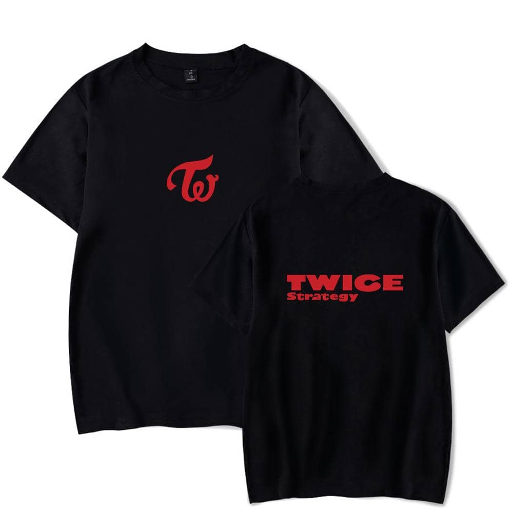 Twice Kpop merchandise t-shirts with bold red logos on black fabric for fans of the popular K-pop girl group.