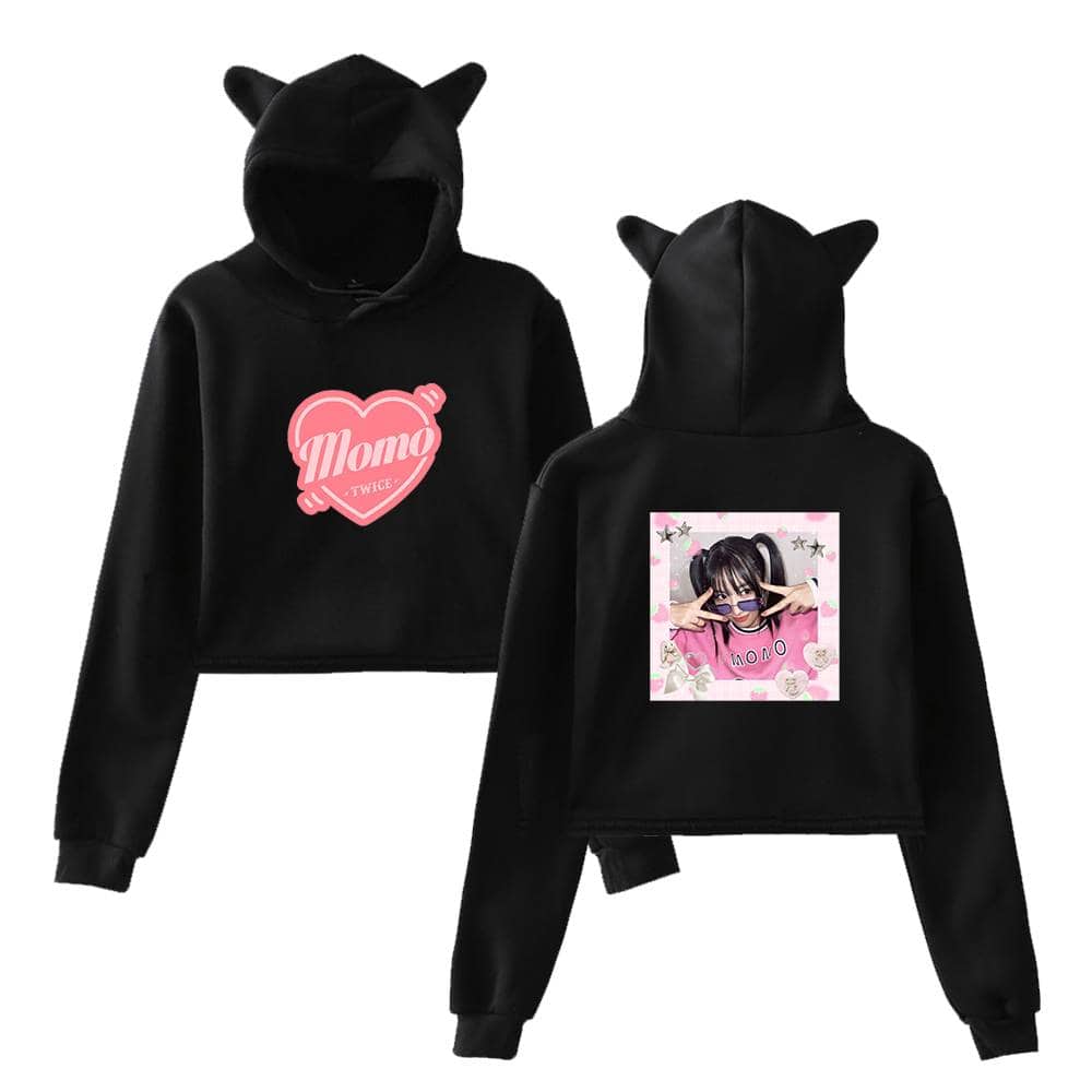 - black hoodie with "Momo TWICE" logo and cute heart design, featuring playful animal ears on the hood.
