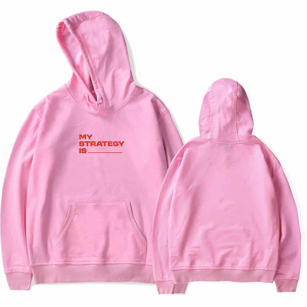 My strategy is ____ pink hoodie with front pocket and bold red text logo, perfect for K-pop fans and stylish casual wear.