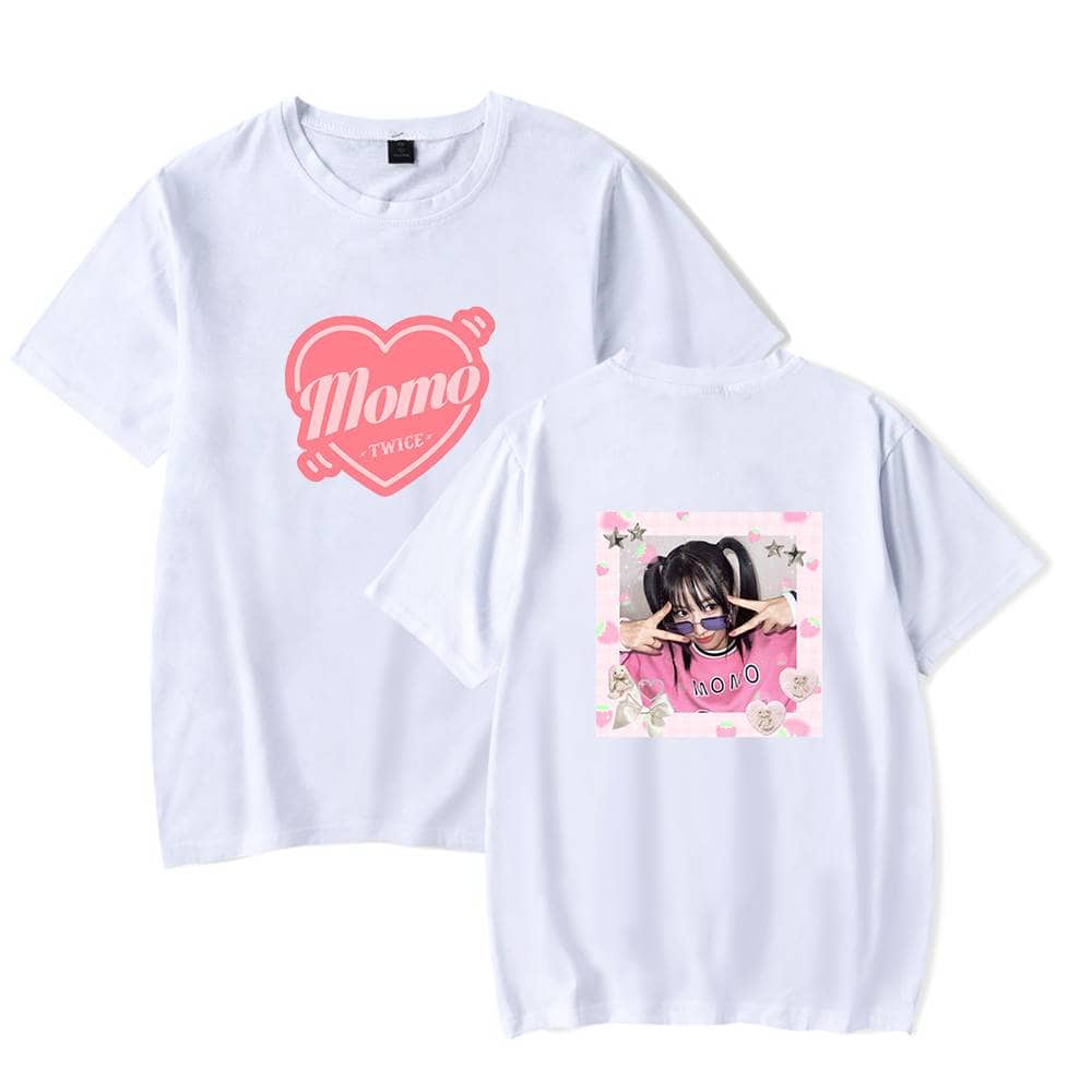 Momo TWICE K-pop merchandise T-shirt, white oversized top, cute girl graphic, colorful print, fan apparel, trendy K-pop fan item, gift for TWICE fans, stylish K-pop fashion.