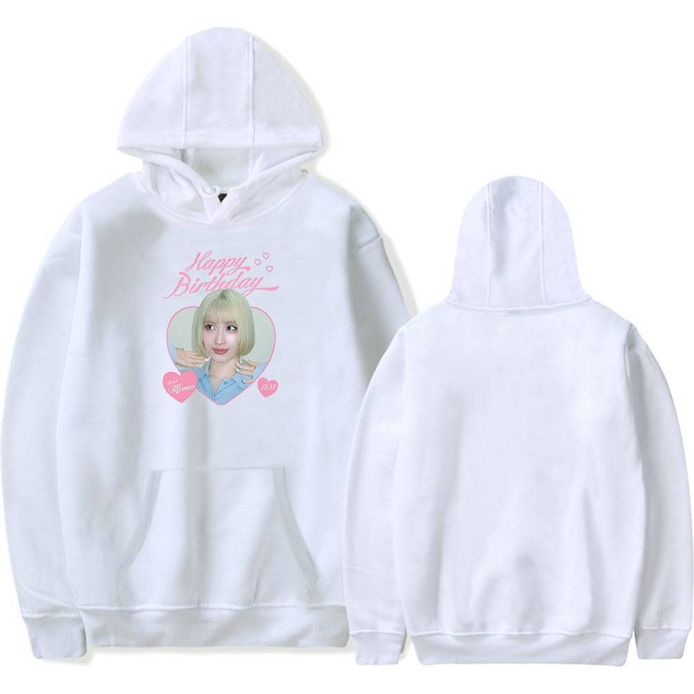 Cute white hoodie featuring a colorful K-pop idol illustration with "Happy Birthday" text, perfect for fans, showcasing vibrant merch design.