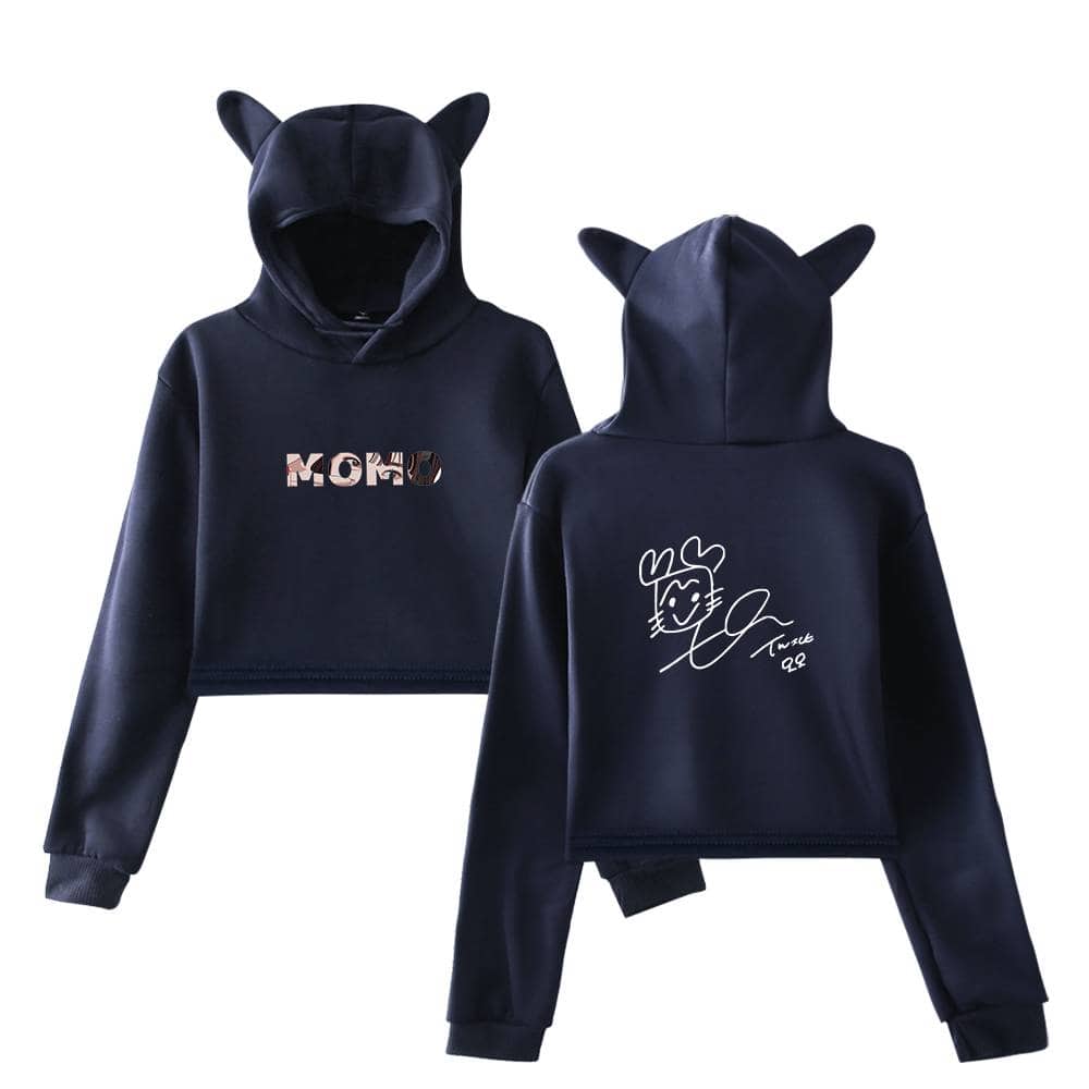 Hoodie with "MOMO" print and cat ear hood, trendy K-pop merchandise.