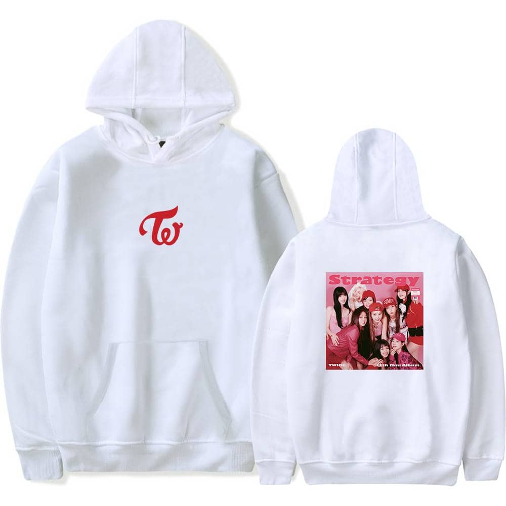 TWICE K-pop hoodie with the group's logo on the front and a graphic print of the members on the back, perfect for fans and collectors.