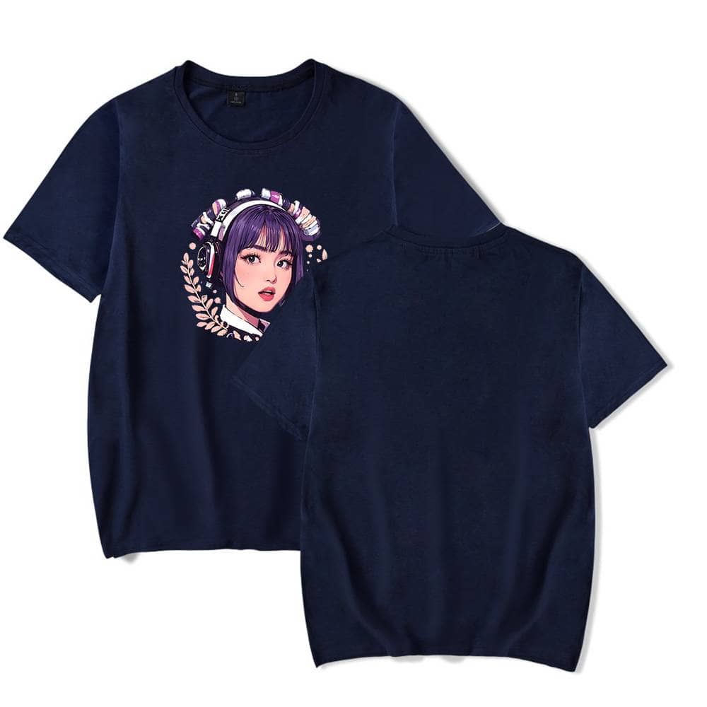 TWO KPOP MERCH T-shirts featuring a female idol with headphones and purple hair, displayed from the front and back on a plain background. Perfect for fans collecting K-pop merchandise.