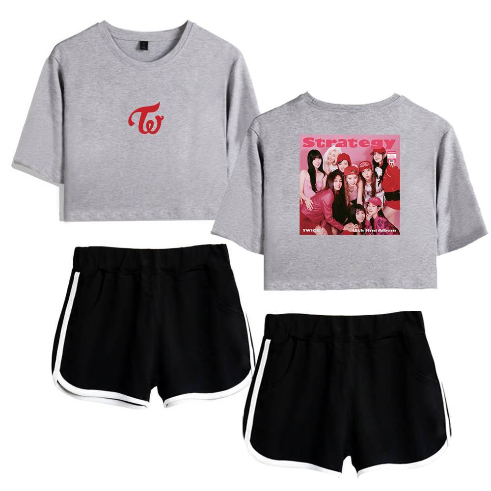 Twice kpop merch, K-pop Twice girl group merchandise including cropped sweatshirts and sporty shorts with stylish designs and vibrant colors for fans.