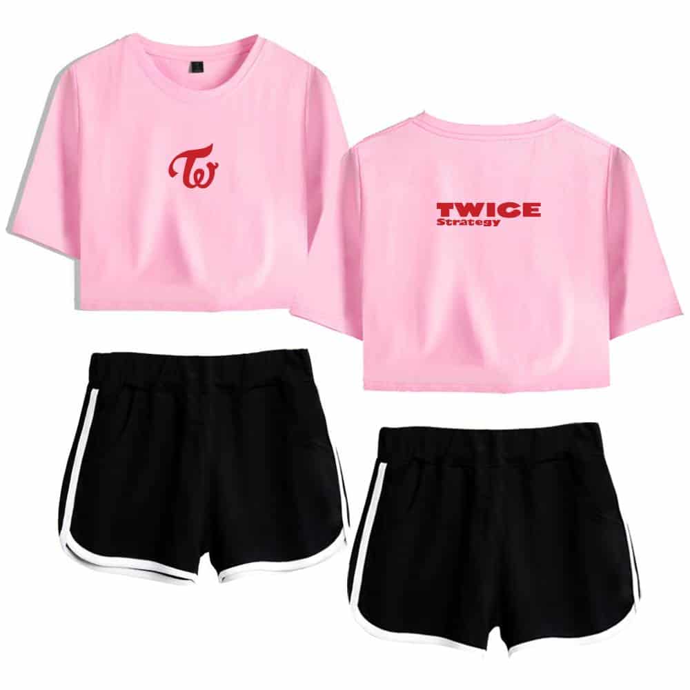 Twice kpop merch pink cropped T-shirt with TWICE logo and black shorts with white piping, perfect for K-pop fans.