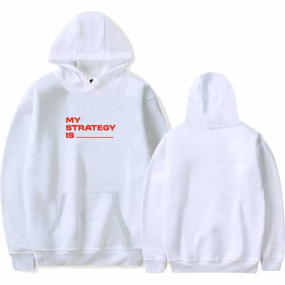 White hoodie with red text that reads "MY STRATEGY IS ______" on the front, designed for K-pop fans to showcase their fandom and style. Perfect for casual wear or concert outings.