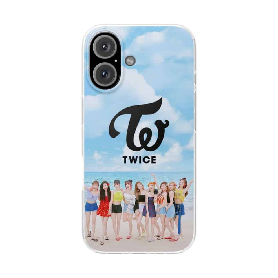 Twice kpop merch phone case featuring the popular girl group TWICE at the beach with bright colors and the group's logo. Perfect for fans who love celebrating their favorite K-pop idols.
