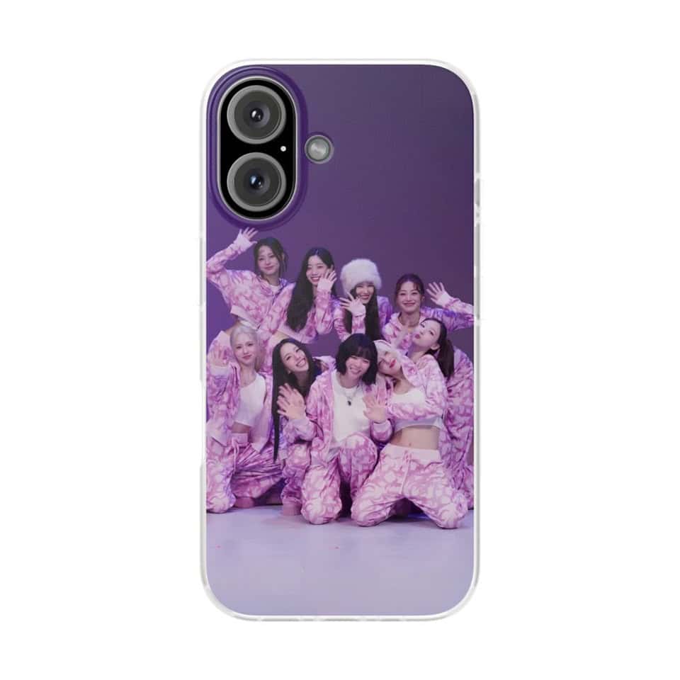 Kpop merch phone case featuring a group of young women in pink outfits and playful poses.