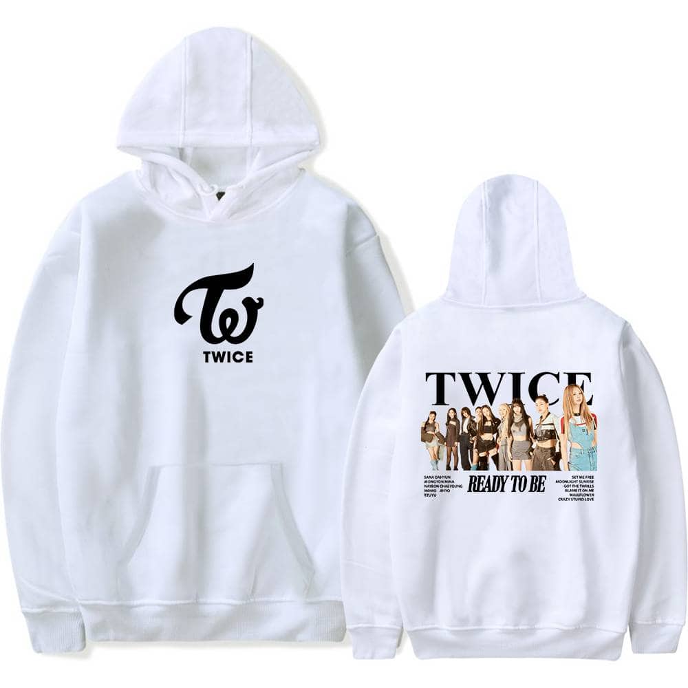 Twice kpop merch hoodie with TWICE logo and group photo, white casual sweatshirt for fans.