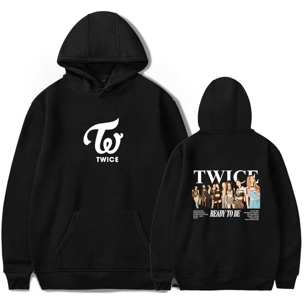 TWICE Kpop hoodie with logo and group photo, perfect for fans.