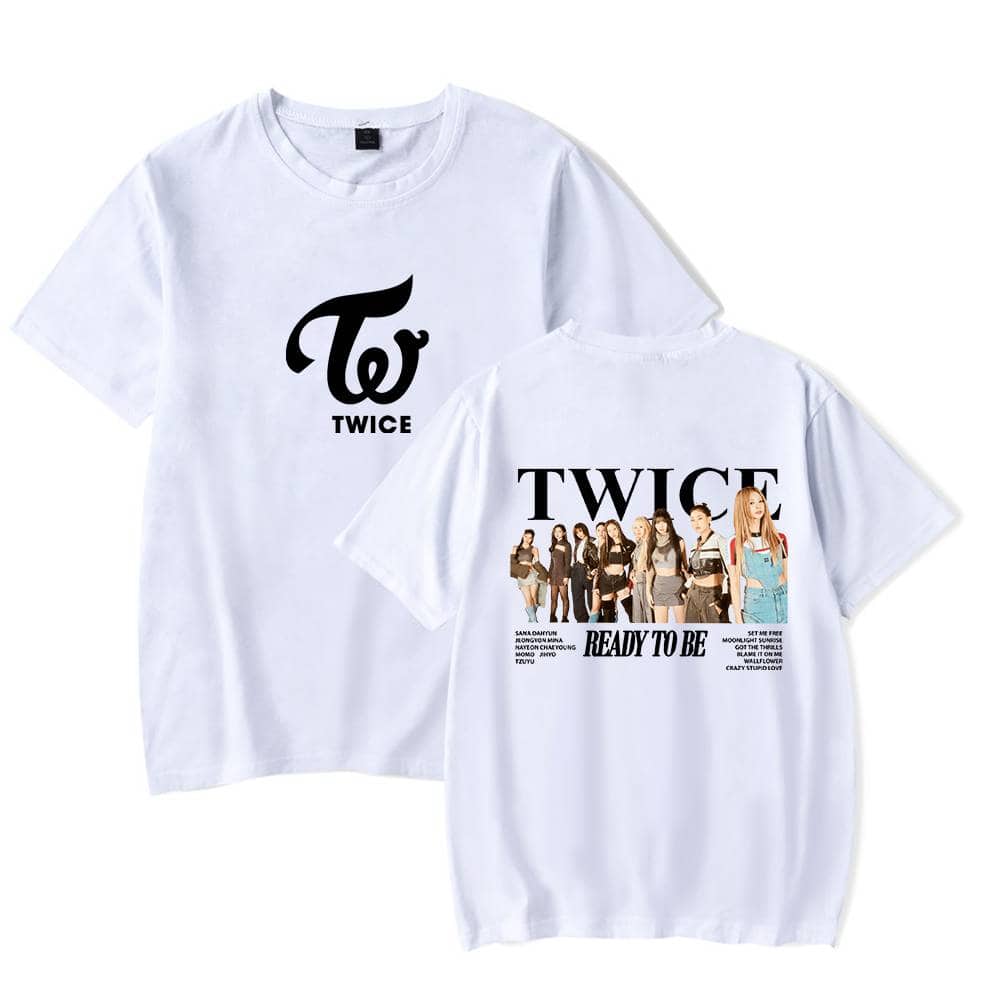 TWICE K-pop merchandise T-shirt with album cover design.