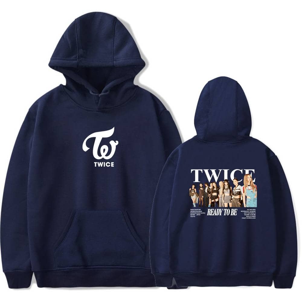 Twice Kpop hoodie with TWICE logo and group photo print, navy blue sweatshirt, trendy and comfortable Kpop merchandise for fans.
