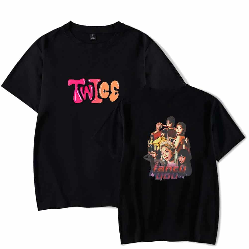 Twice K-pop merch black t-shirts featuring group logos and member images, vibrant designs perfect for fans. Stylish and comfortable apparel showcasing popular K-pop girl group Twice.