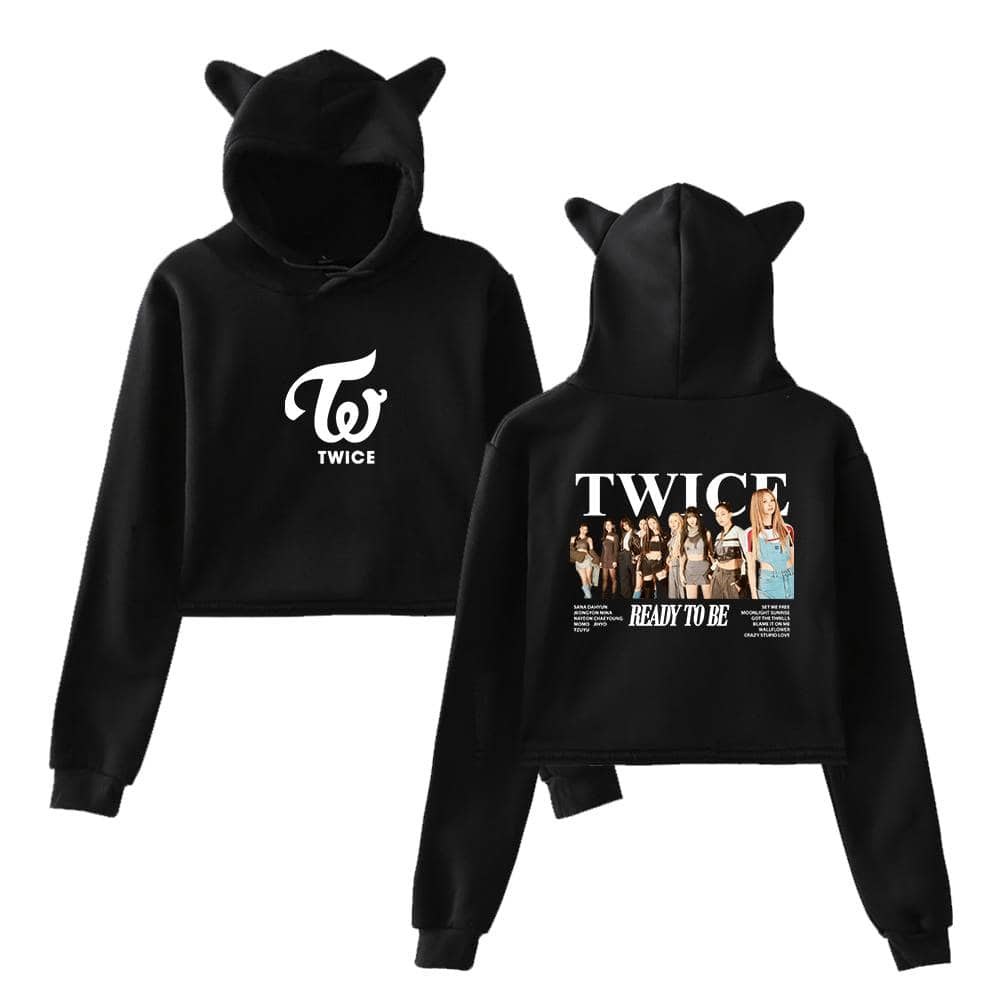 Twice kpop merch hoodie with TWICE logo and girl group photo on the back, perfect for fans of K-pop fashion and concert memorabilia, featuring cute animal ear details on the hood.
