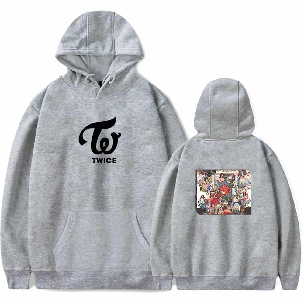 TWICE hoodie sweatshirt with logo and colorful back print, perfect for K-pop fans.