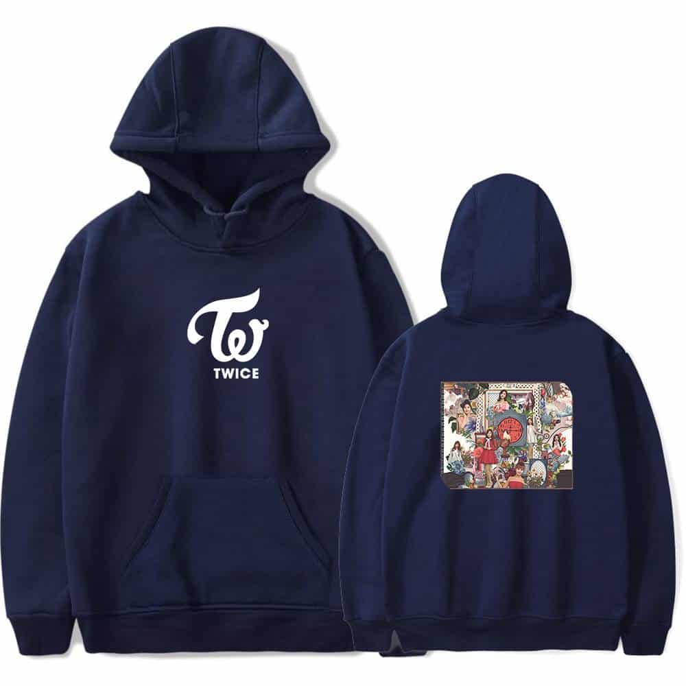 Twice K-pop merch hoodie with Twice logo on front and colorful artwork on back, perfect for fans. High-quality, comfortable, and stylish clothing for K-pop enthusiasts. Great gift idea for music fans.