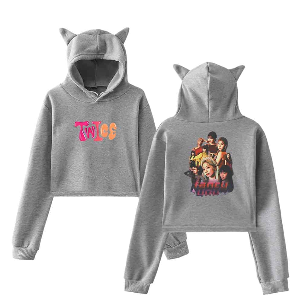 Twice kpop merch, cute grey hoodie with colorful group logos and animal-ear hood design, perfect for fans of K-pop girl groups, stylish comfortable fashion statement.