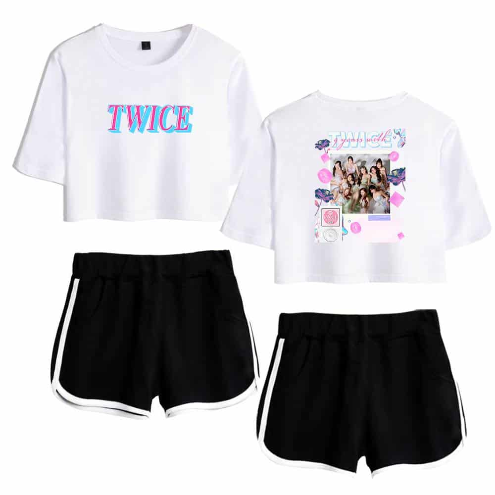 Twice kpop merch, two women's t-shirts with group logo and photo, paired with black shorts with white trim, perfect for fans of the K-pop group TWICE and suitable for casual wear or concert outings.