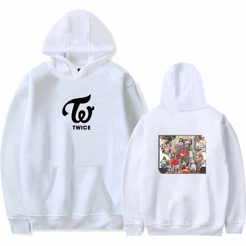 TWICE K-pop merchandise hoodie with TWICE logo on front and colorful album artwork on back, perfect for fans.