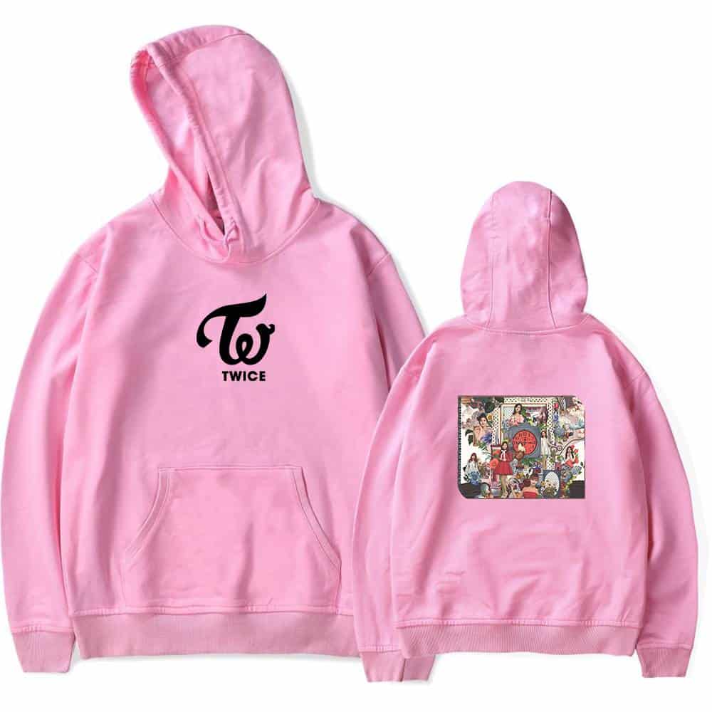 TWICE K-pop merchandise hoodie with front TWICE logo and colorful back graphic, perfect for fans. A cozy, stylish piece showcasing TWICE's vibrant and trendy style. Ideal for casual wear and concerts.
