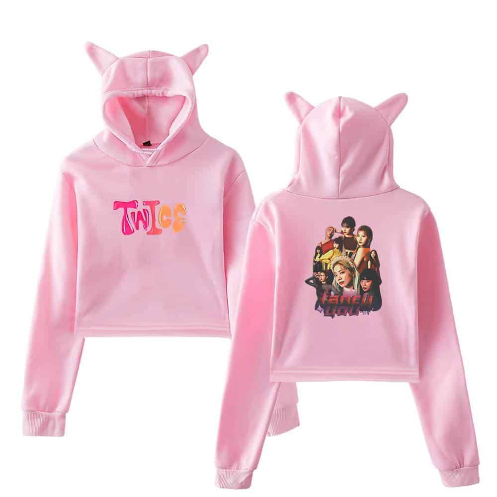 TWICE K-pop hoodie, cute pink sweatshirt with fun multi-color logo and group photo, perfect for fans of the popular girl group, stylish and comfortable merch for K-pop enthusiasts.