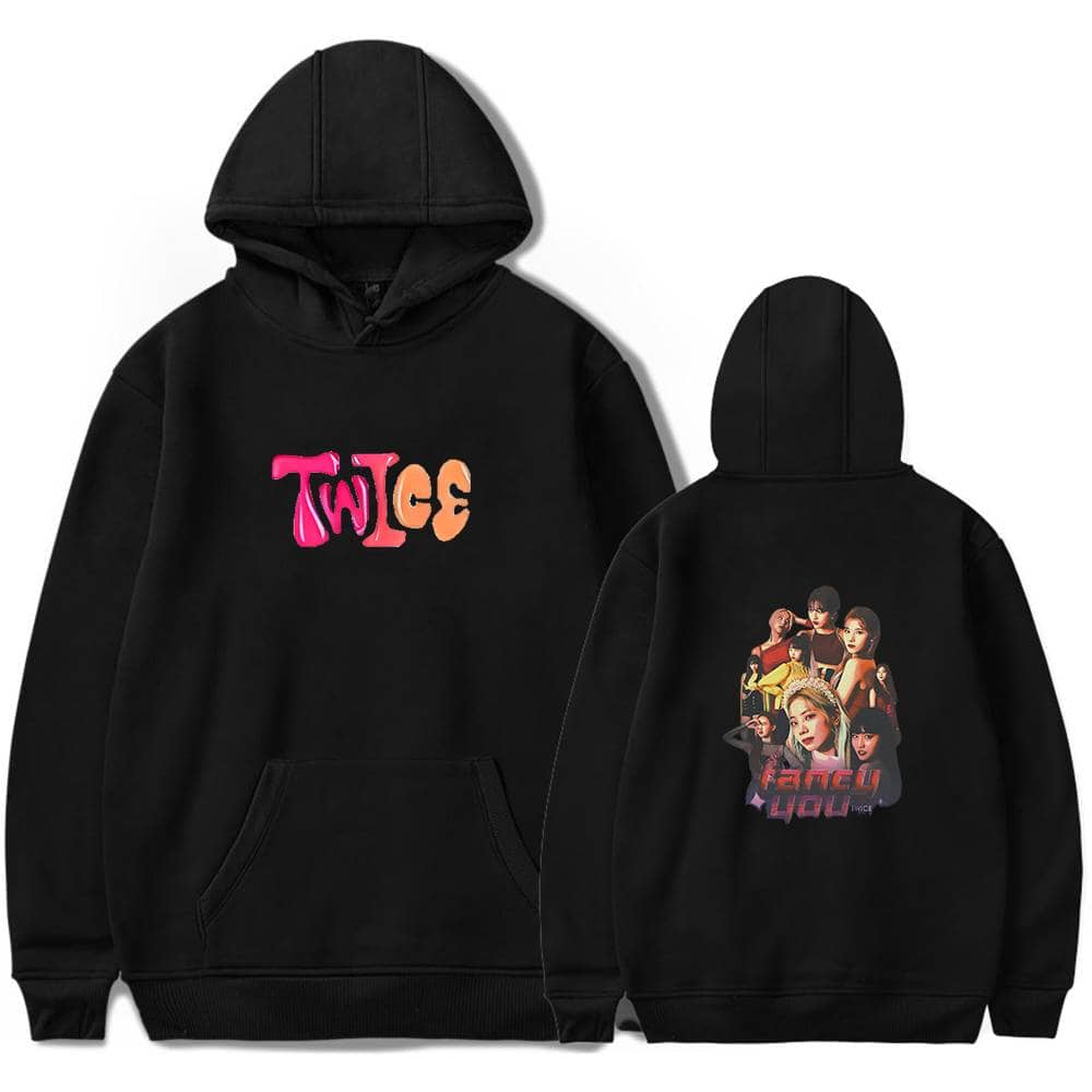 TWOCE K-pop hoodie featuring colorful logo design on the front and a group image on the back, perfect for fans of TWICE.