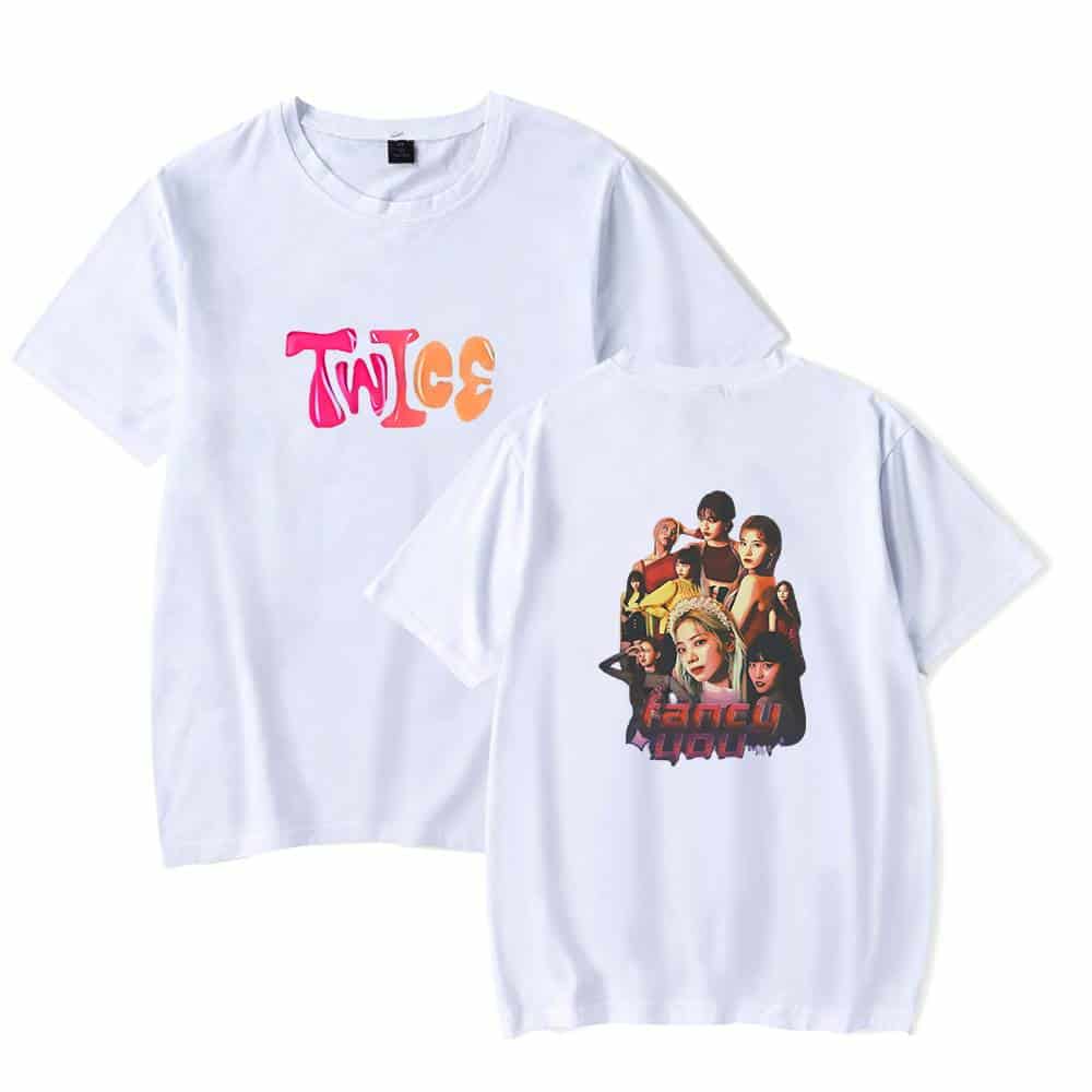 Twice kpop merch, colorful TWICE logo t-shirt featuring the popular K-pop girl group Twice with vibrant graphics and member images. Perfect for fans to showcase their support and love for the group.