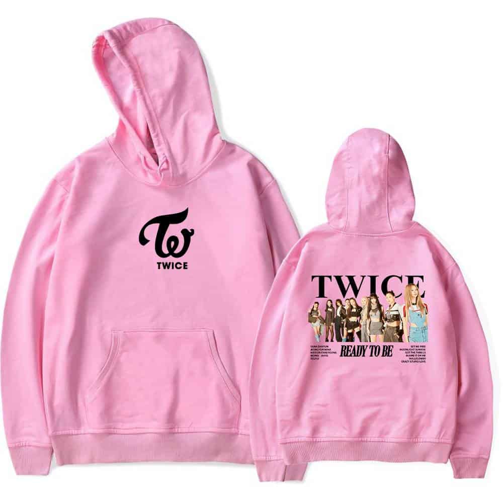 TWICE K-pop merch hoodie featuring the group's logo on the front and a group photo with album details on the back. Perfect for fans to showcase their support and love for TWICE.