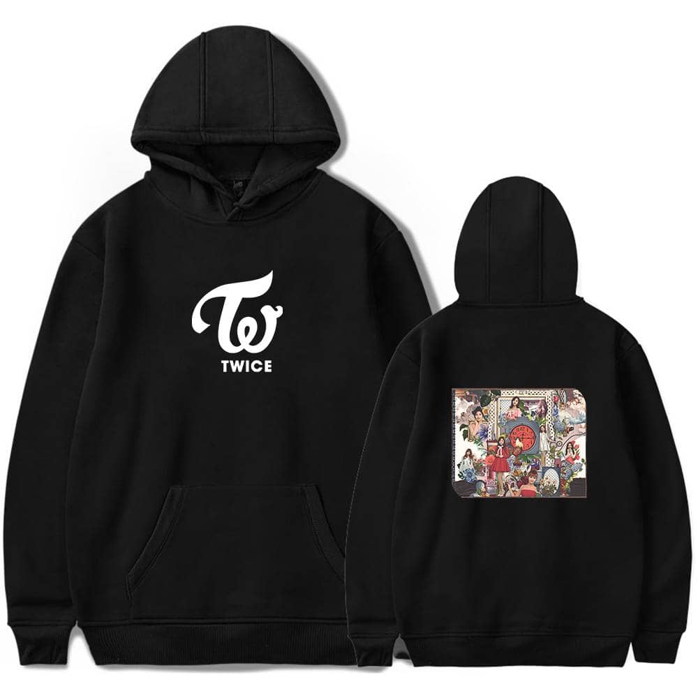 TWICE K-pop fandom hoodie with TWICE logo on front and colorful album-inspired artwork on back, perfect for fans of the South Korean girl group. Unisex and comfortable for everyday wear.