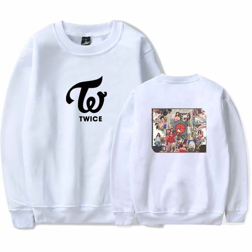 TWICE K-pop merchandise sweatshirt featuring TWICE logo and colorful album art. Perfect for fans to showcase their love for the K-pop girl group TWICE. Comfortable and stylish apparel for concert or everyday wear.