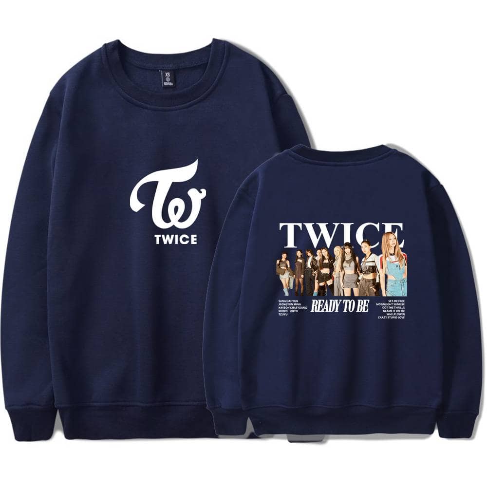 Twice kpop merch sweatshirt with TWICE logo and group photo print, ideal for fans and collectors of TWICE K-pop merchandise, showcasing vibrant and stylish designs for everyday wear.